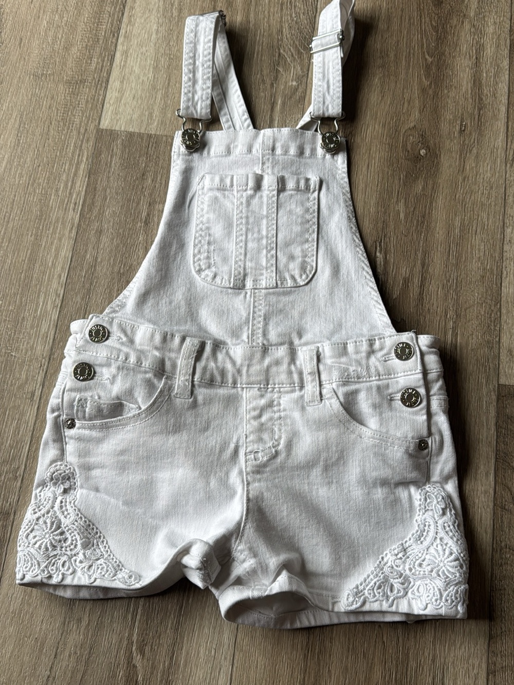 Justice White Denim Lace-Trim Overall Shorts